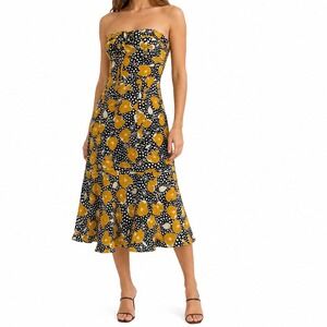 Tuleh Designer Runway Strapless Floral Silk‎ Midi Dress Yellow Black Size 8 Y2k